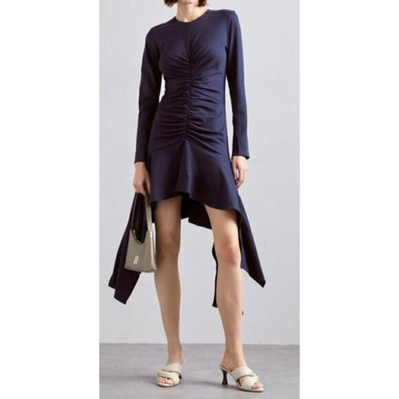 Aknvas Daani Dress Long Sleeve Ruched Draped Asymmetrical Hem Lapis Lazuli NWT 2 - Picture 3 of 11